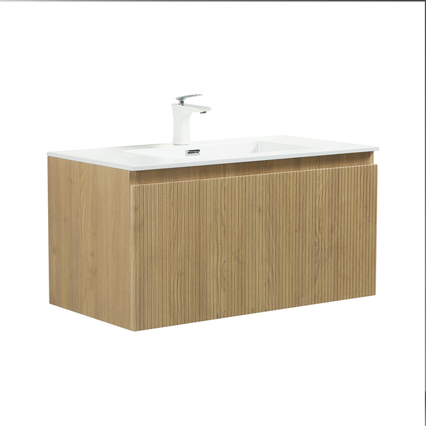 WOODBRIDGE | Wall-Mounted Floating Bathroom Vanity | White Resin Counter Top | Yellow Oak Finish