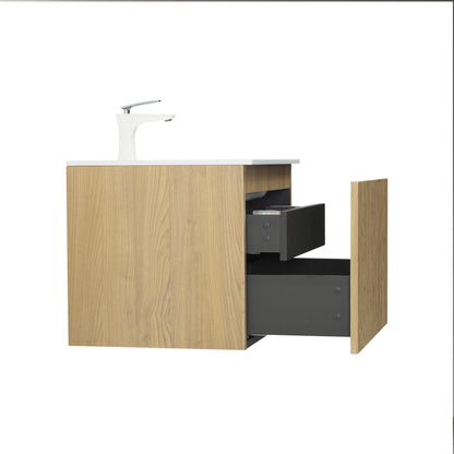 WOODBRIDGE | Wall-Mounted Floating Bathroom Vanity | White Resin Counter Top | Yellow Oak Finish