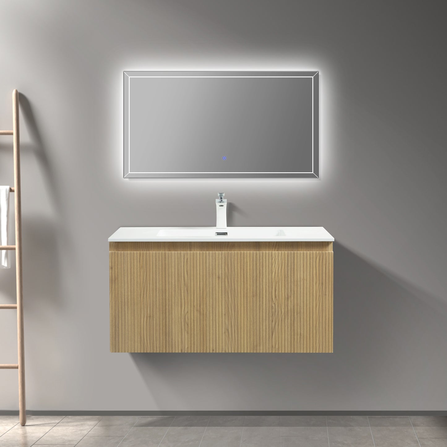 WOODBRIDGE | Wall-Mounted Floating Bathroom Vanity | White Resin Counter Top | Yellow Oak Finish