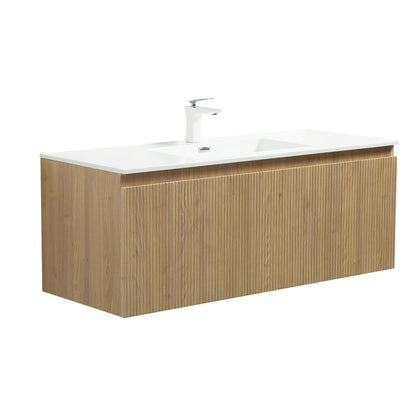 WOODBRIDGE | Wall-Mounted Floating Bathroom Vanity | White Resin Counter Top | Yellow Oak Finish