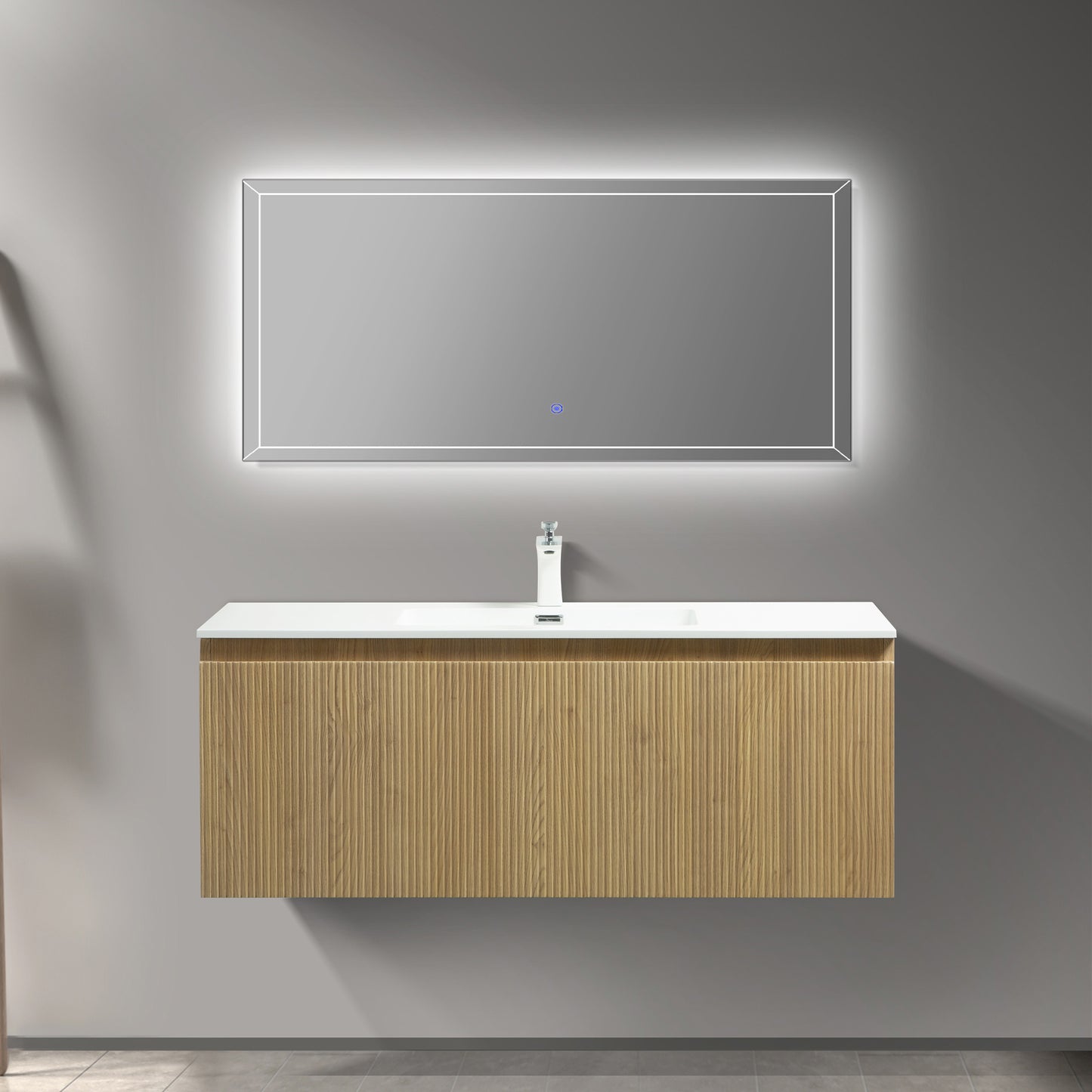 WOODBRIDGE | Wall-Mounted Floating Bathroom Vanity | White Resin Counter Top | Yellow Oak Finish