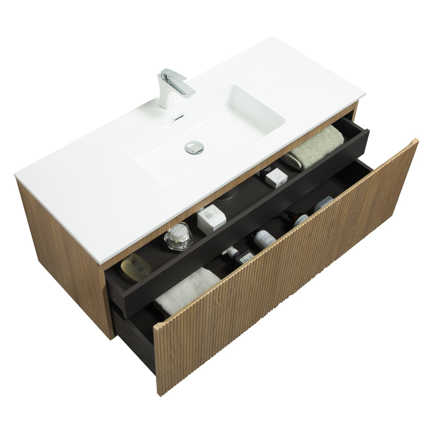 WOODBRIDGE | Wall-Mounted Floating Bathroom Vanity | White Resin Counter Top | Yellow Oak Finish