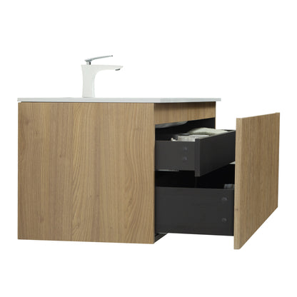 WOODBRIDGE | Wall-Mounted Floating Bathroom Vanity | White Resin Counter Top | Yellow Oak Finish