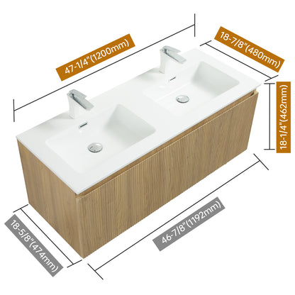 WOODBRIDGE 47-1/4"  | Wall-Mounted Floating Double-Sink Bathroom Vanity | White Resin Top | Yellow Oak Finish