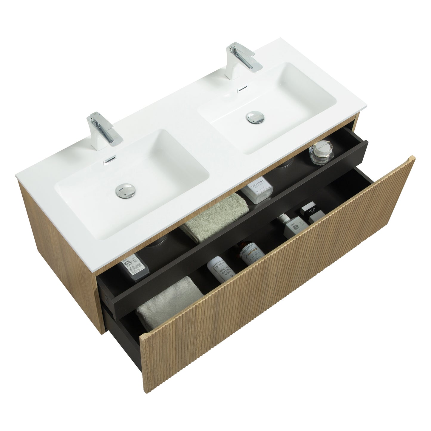 WOODBRIDGE 47-1/4"  | Wall-Mounted Floating Double-Sink Bathroom Vanity | White Resin Top | Yellow Oak Finish