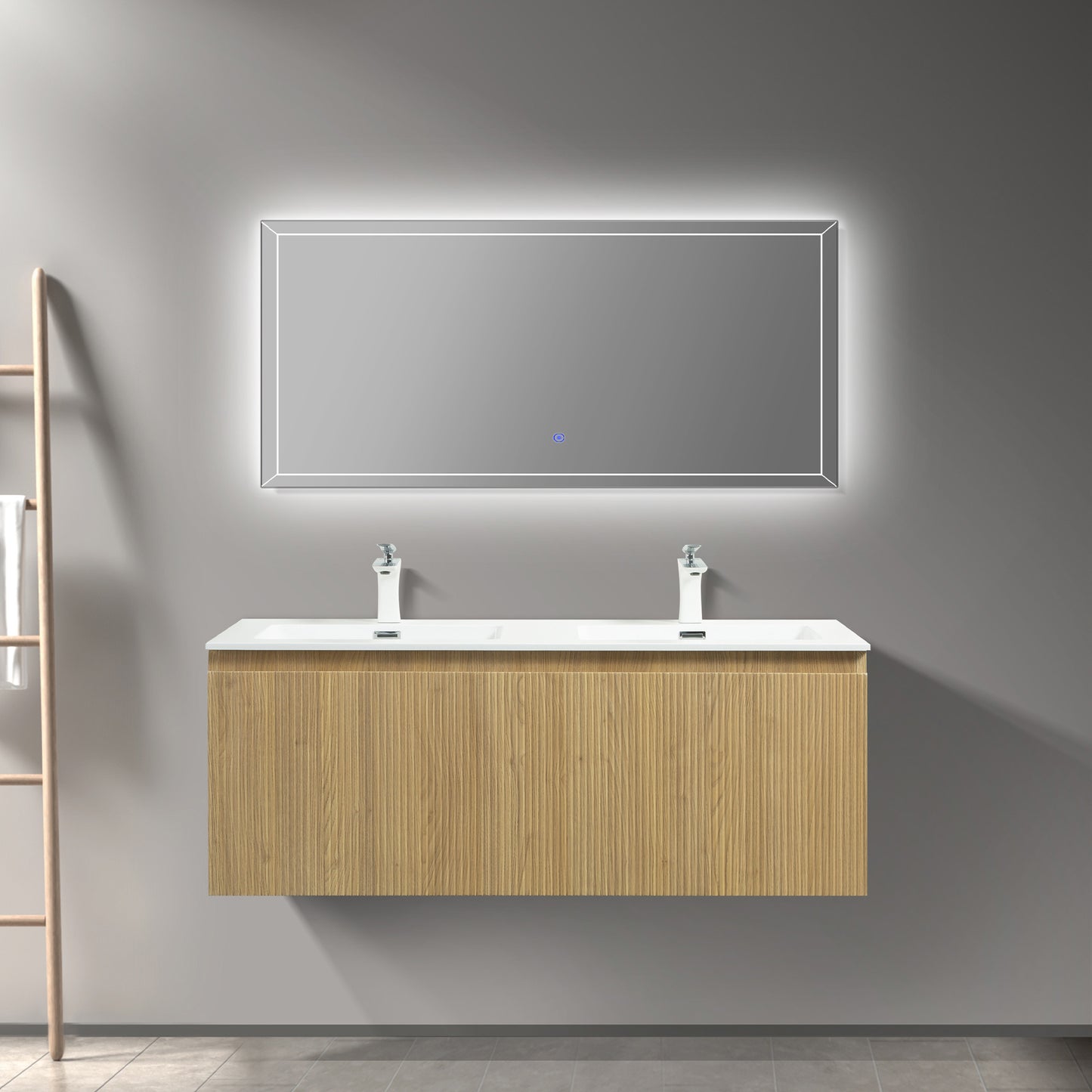 WOODBRIDGE 47-1/4"  | Wall-Mounted Floating Double-Sink Bathroom Vanity | White Resin Top | Yellow Oak Finish