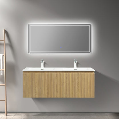 WOODBRIDGE 47-1/4"  | Wall-Mounted Floating Double-Sink Bathroom Vanity | White Resin Top | Yellow Oak Finish