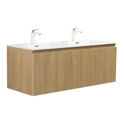 WOODBRIDGE 47-1/4"  | Wall-Mounted Floating Double-Sink Bathroom Vanity | White Resin Top | Yellow Oak Finish