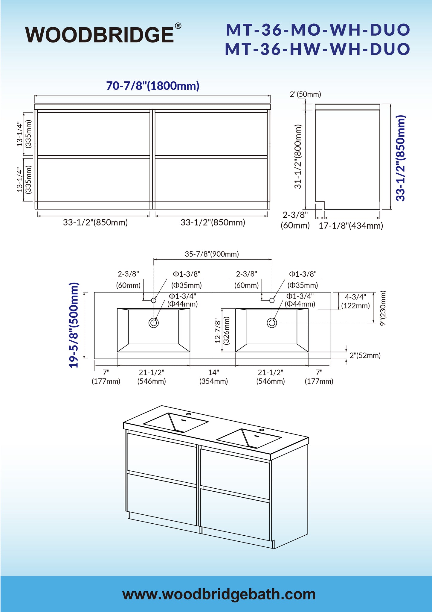 WOODBRIDGE | Freestanding Double Bathroom Vanity | with White Resin Composite Double Sink Top