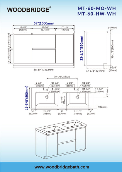 WOODBRIDGE | Freestanding Bathroom Vanity | with Glossy White Resin Composite Top, Integrated Sink