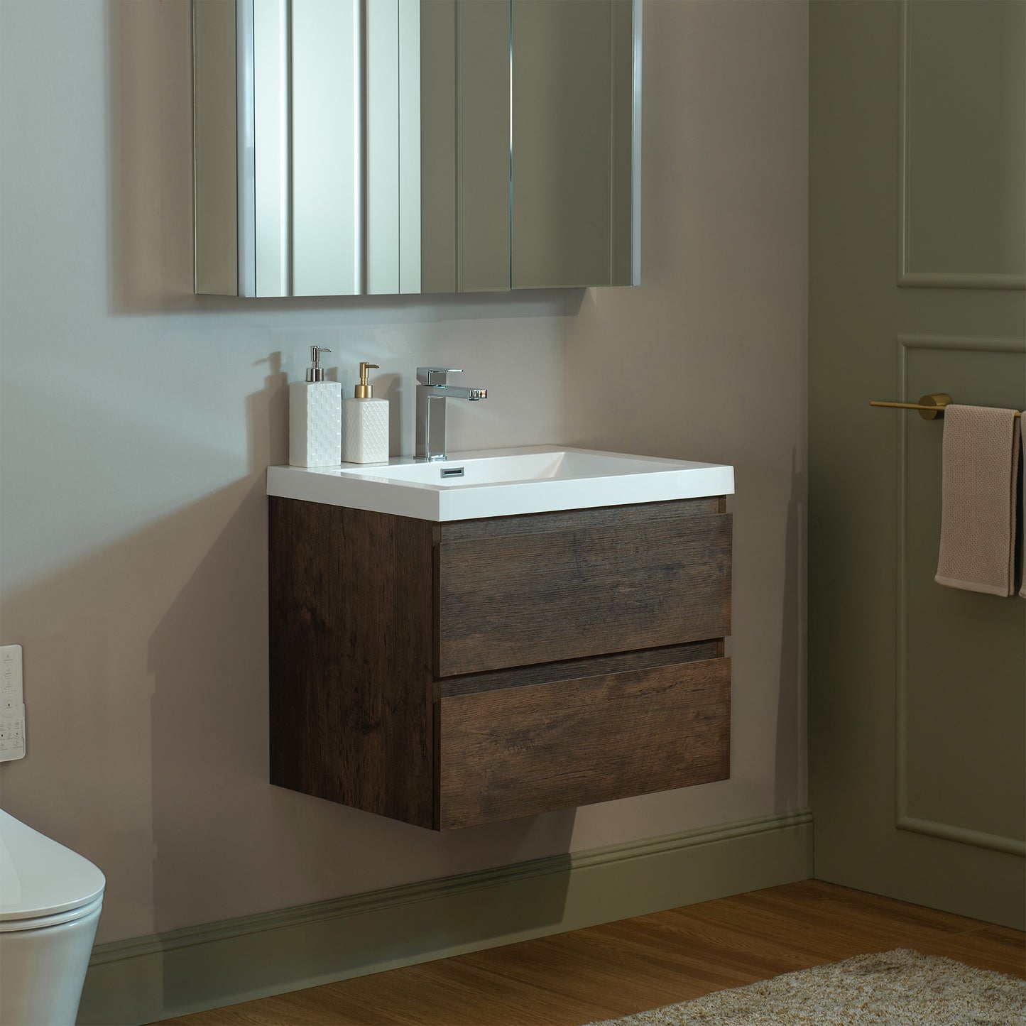 WOODBRIDGE | Wall-Mounted Floating Bathroom Vanity | with Glossy White Resin Top & Rose Wood Cabinet