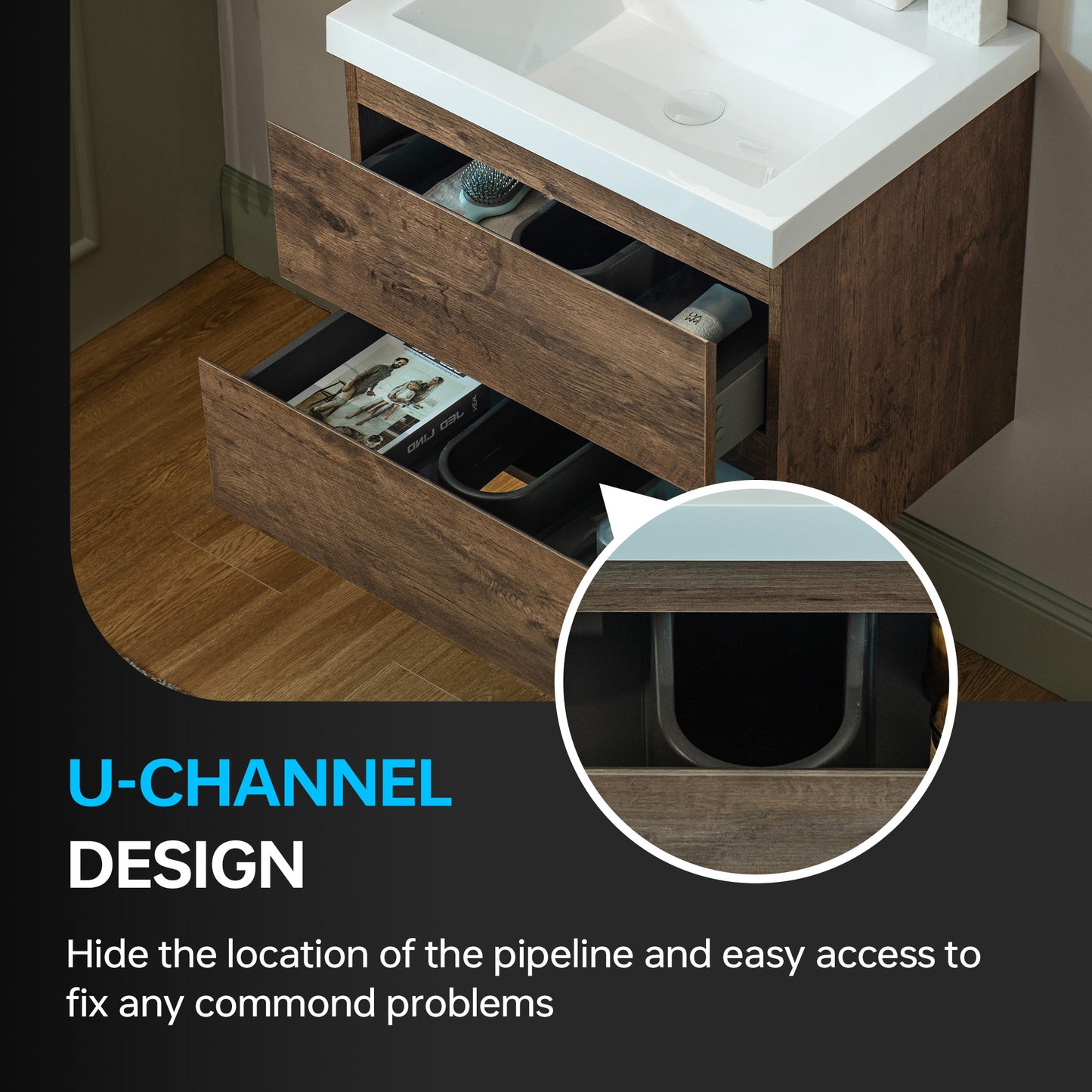 WOODBRIDGE | Wall-Mounted Floating Bathroom Vanity | with Glossy White Resin Top & Rose Wood Cabinet