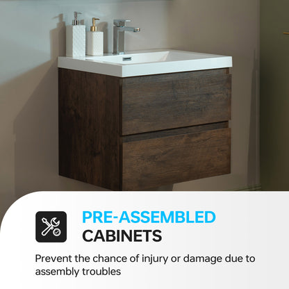 WOODBRIDGE | Wall-Mounted Floating Bathroom Vanity | with Glossy White Resin Top & Rose Wood Cabinet