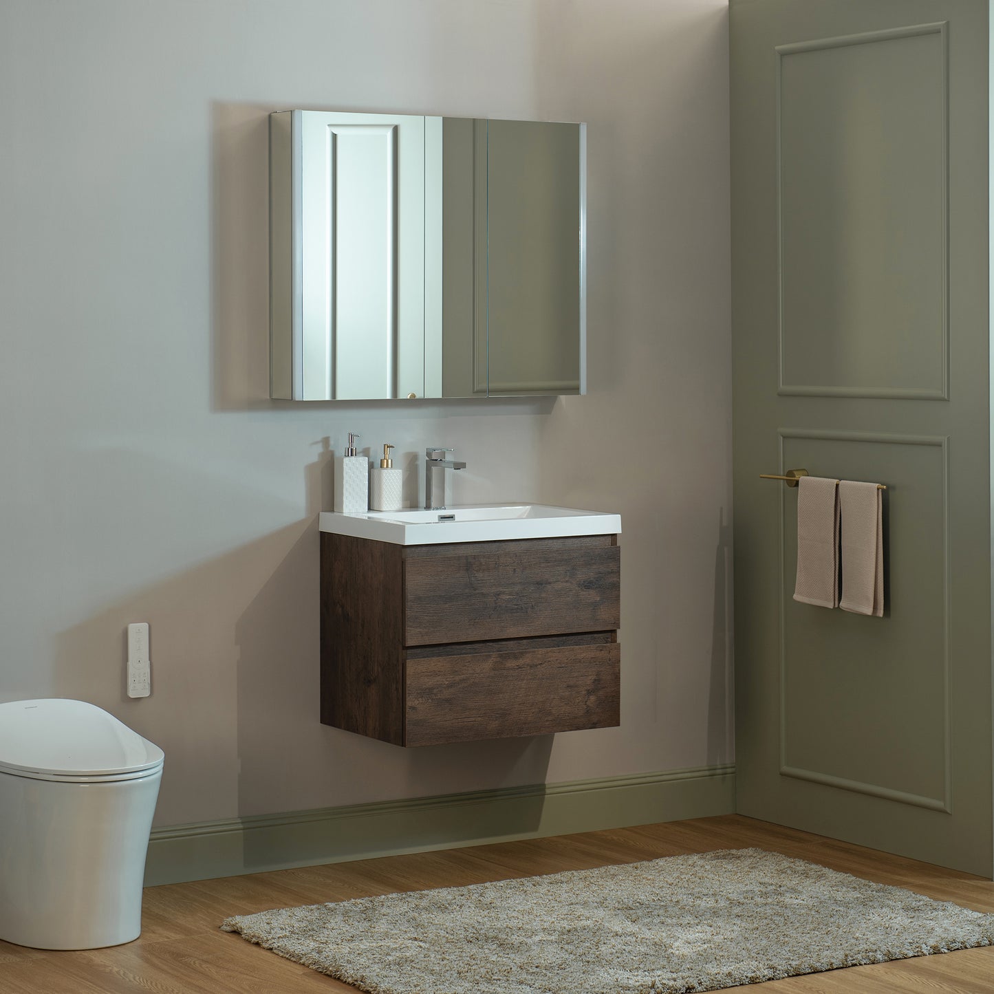 WOODBRIDGE | Wall-Mounted Floating Bathroom Vanity | with Glossy White Resin Top & Rose Wood Cabinet