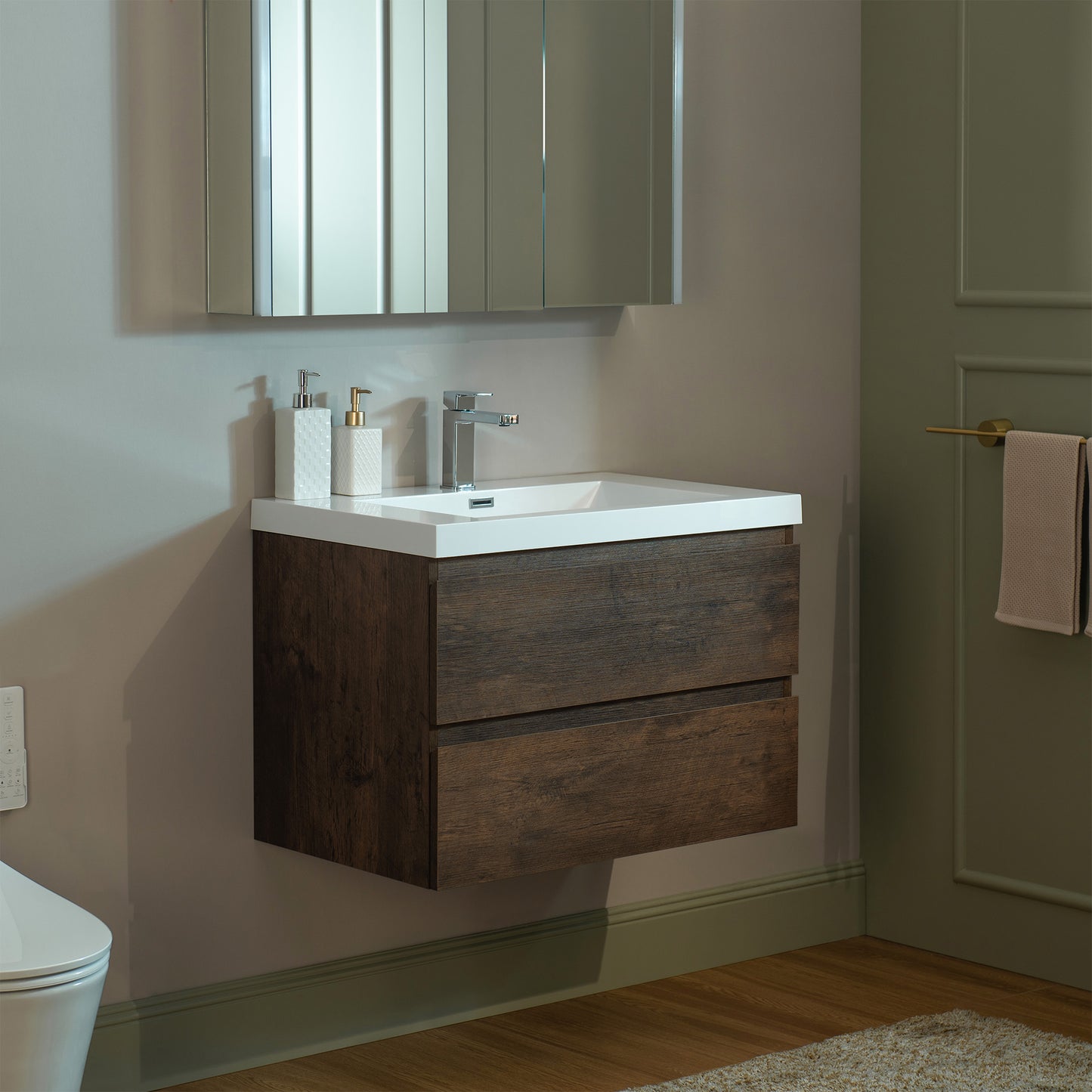 WOODBRIDGE | Wall-Mounted Floating Bathroom Vanity | with Glossy White Resin Top & Rose Wood Cabinet