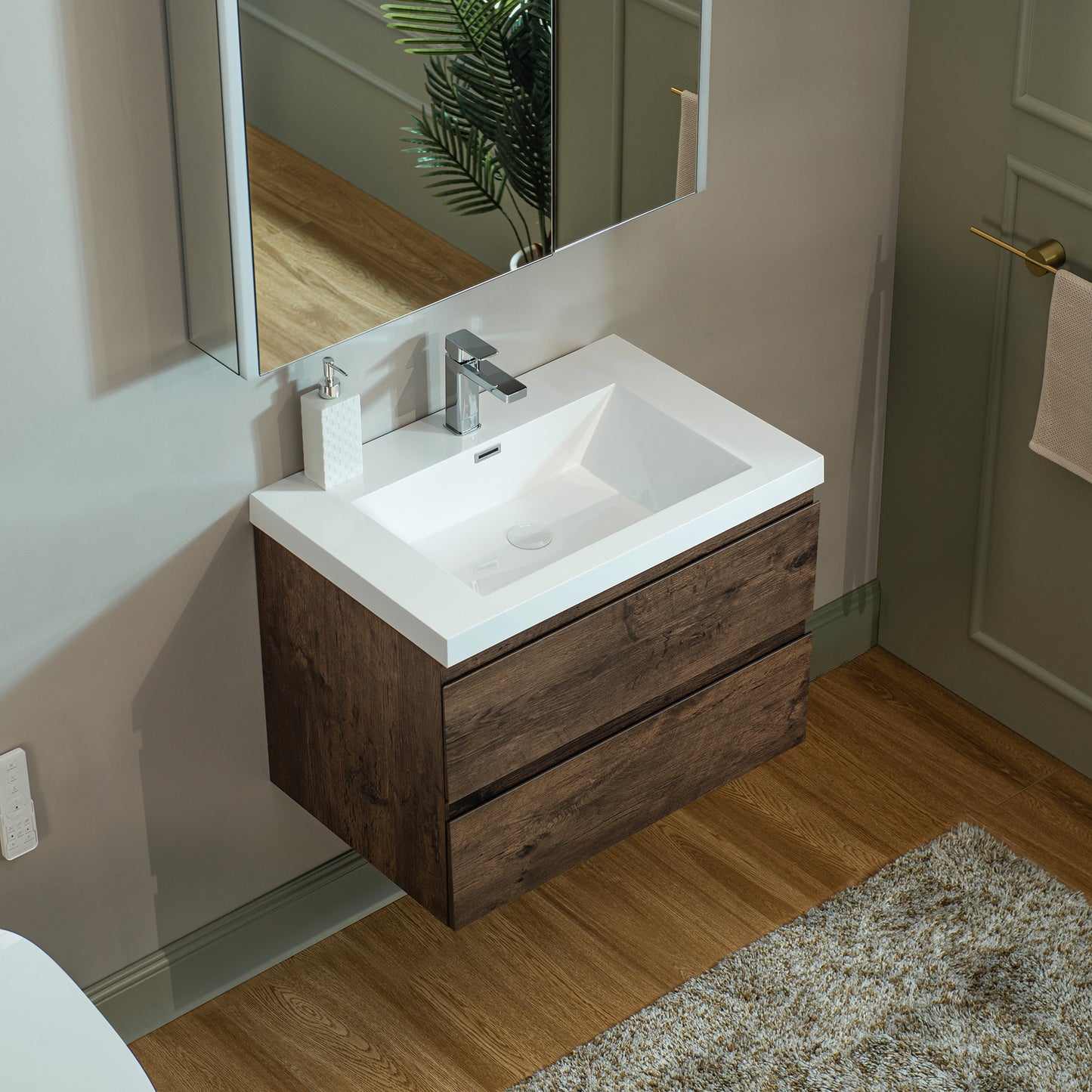 WOODBRIDGE | Wall-Mounted Floating Bathroom Vanity | with Glossy White Resin Top & Rose Wood Cabinet