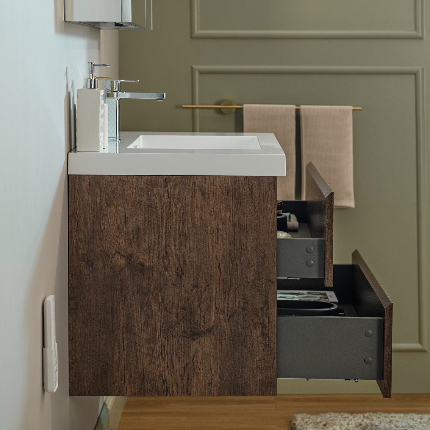 WOODBRIDGE | Wall-Mounted Floating Bathroom Vanity | with Glossy White Resin Top & Rose Wood Cabinet