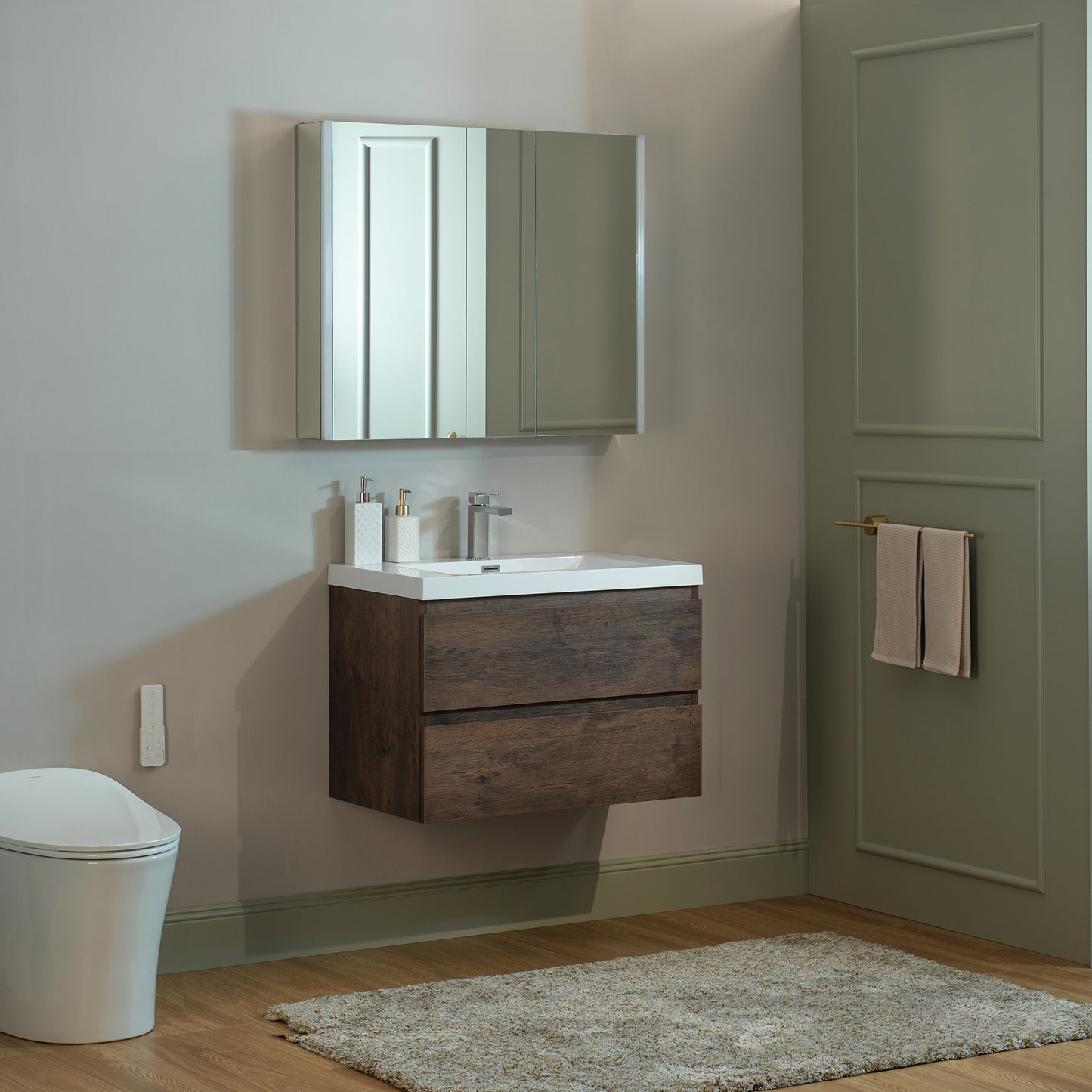 WOODBRIDGE | Wall-Mounted Floating Bathroom Vanity | with Glossy White Resin Top & Rose Wood Cabinet