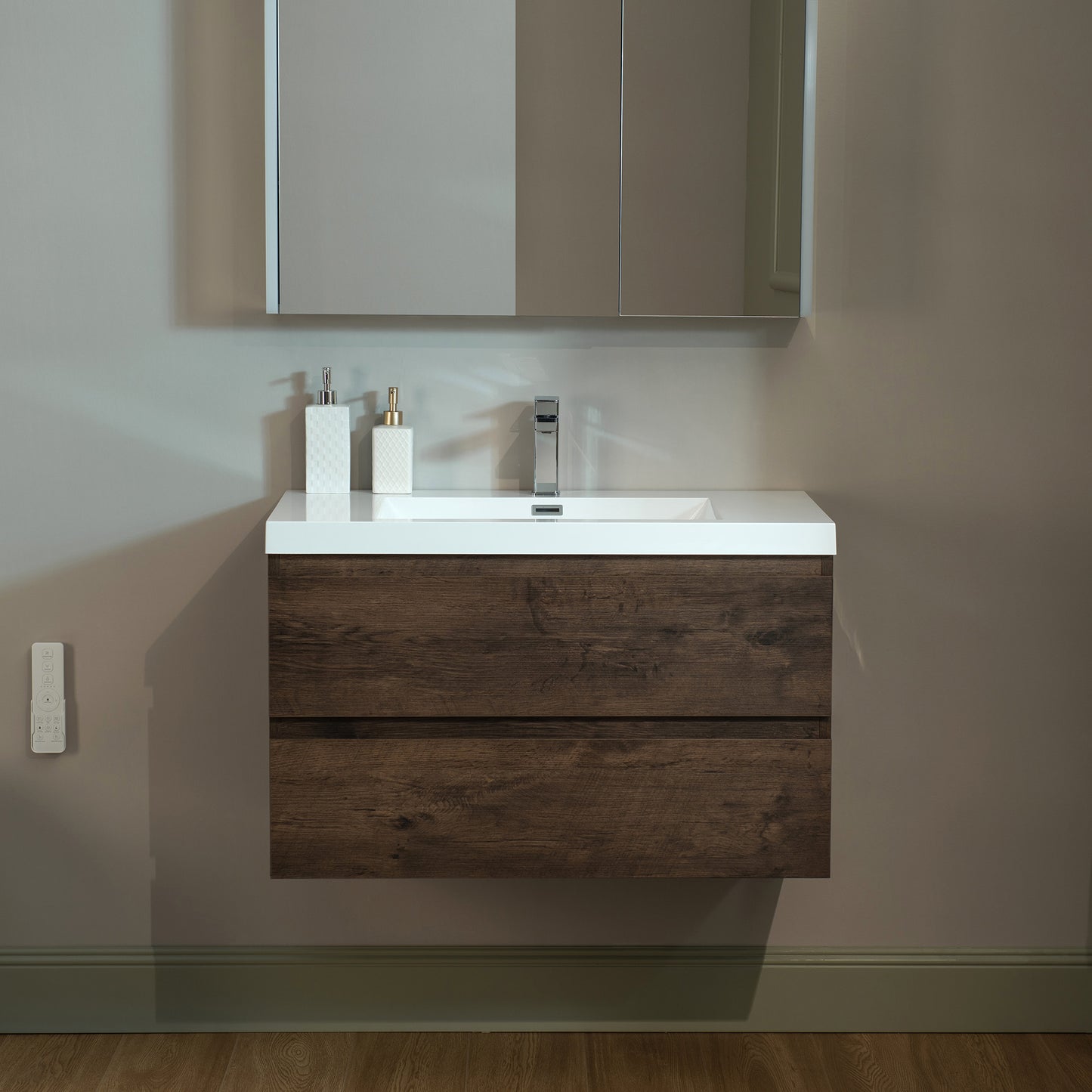 WOODBRIDGE | Wall-Mounted Floating Bathroom Vanity | with Glossy White Resin Top & Rose Wood Cabinet