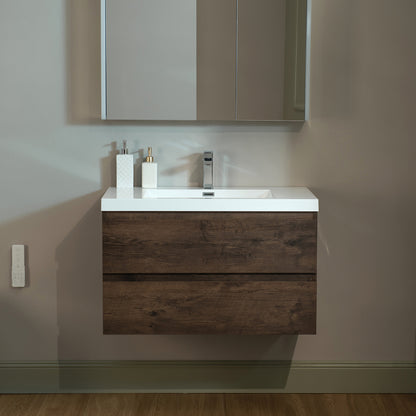 WOODBRIDGE | Wall-Mounted Floating Bathroom Vanity | with Glossy White Resin Top & Rose Wood Cabinet
