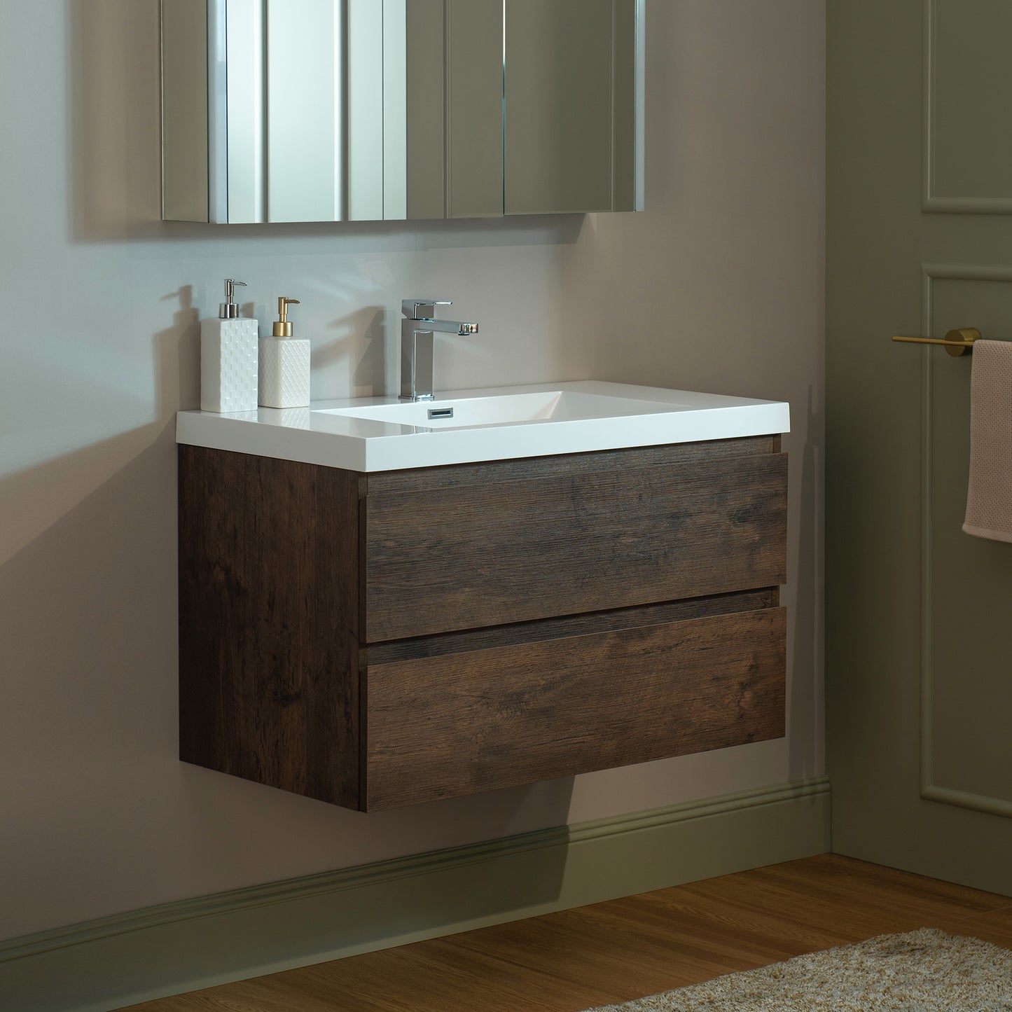 WOODBRIDGE | Wall-Mounted Floating Bathroom Vanity | with Glossy White Resin Top & Rose Wood Cabinet