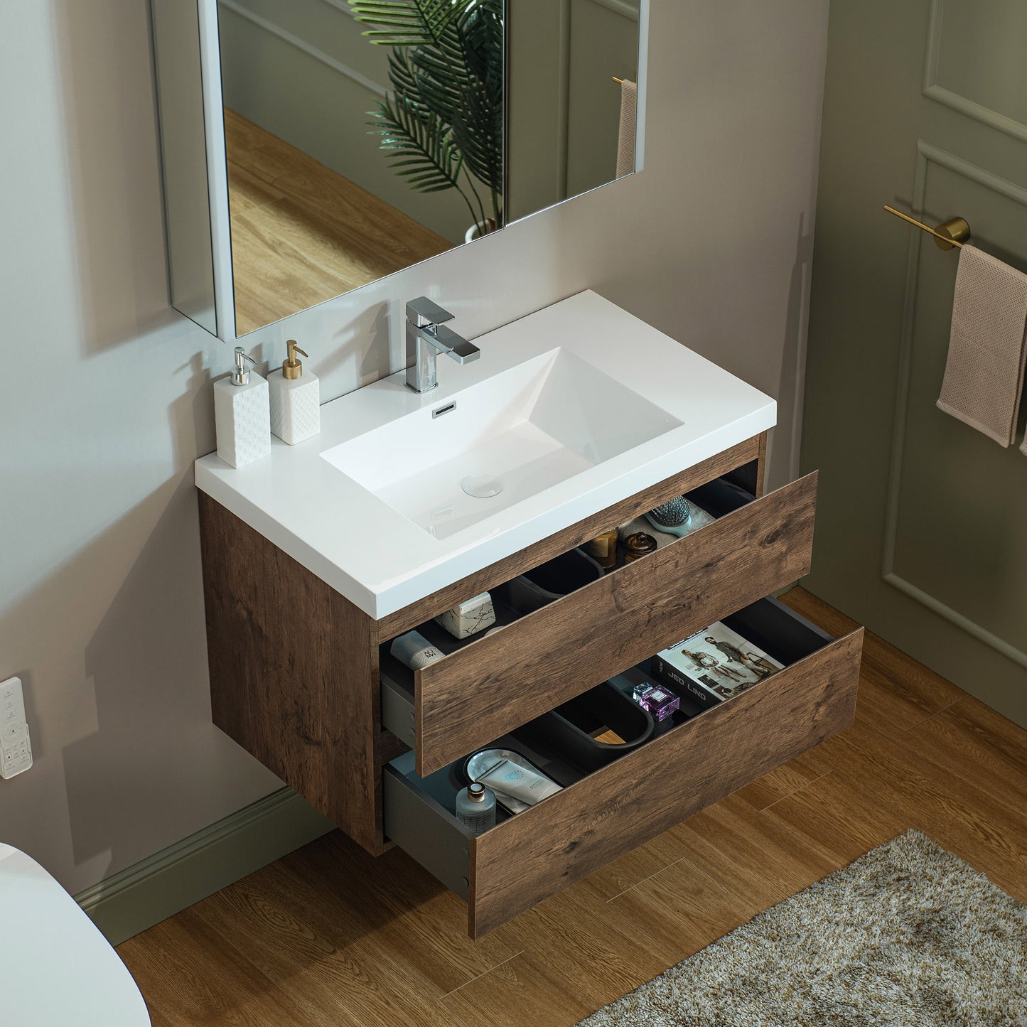 WOODBRIDGE | Wall-Mounted Floating Bathroom Vanity | with Glossy White Resin Top & Rose Wood Cabinet