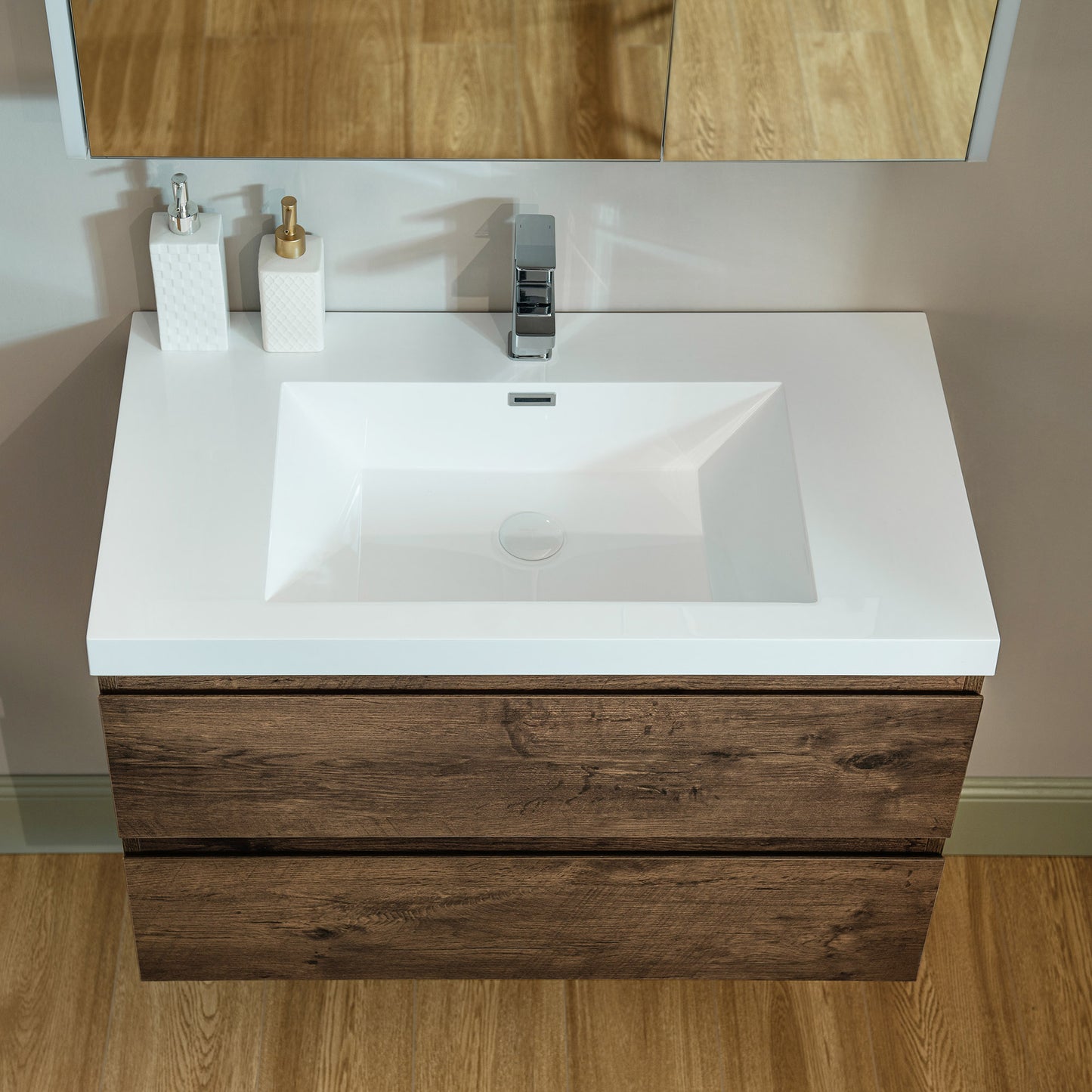 WOODBRIDGE | Wall-Mounted Floating Bathroom Vanity | with Glossy White Resin Top & Rose Wood Cabinet