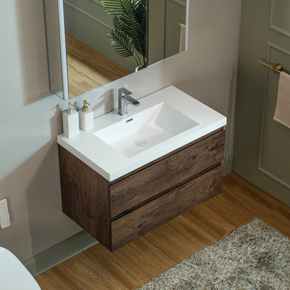 WOODBRIDGE | Wall-Mounted Floating Bathroom Vanity | with Glossy White Resin Top & Rose Wood Cabinet