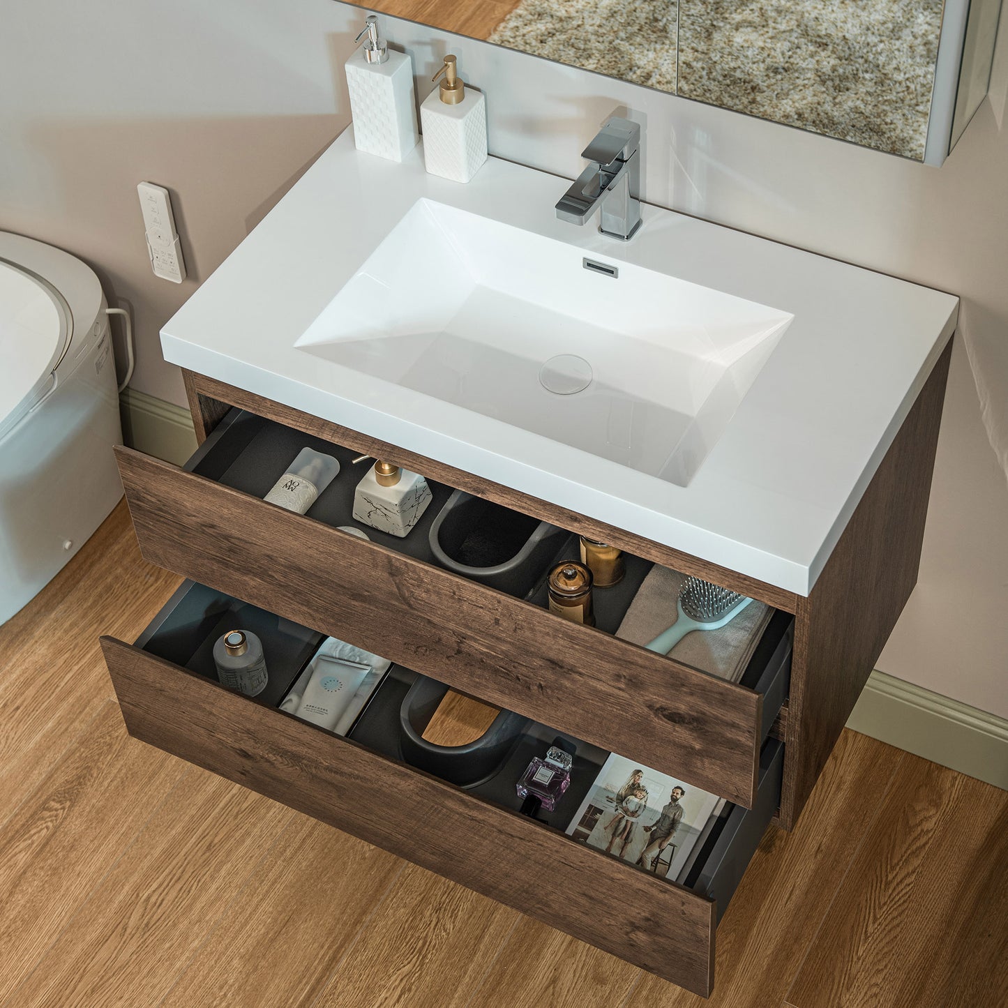 WOODBRIDGE | Wall-Mounted Floating Bathroom Vanity | with Glossy White Resin Top & Rose Wood Cabinet