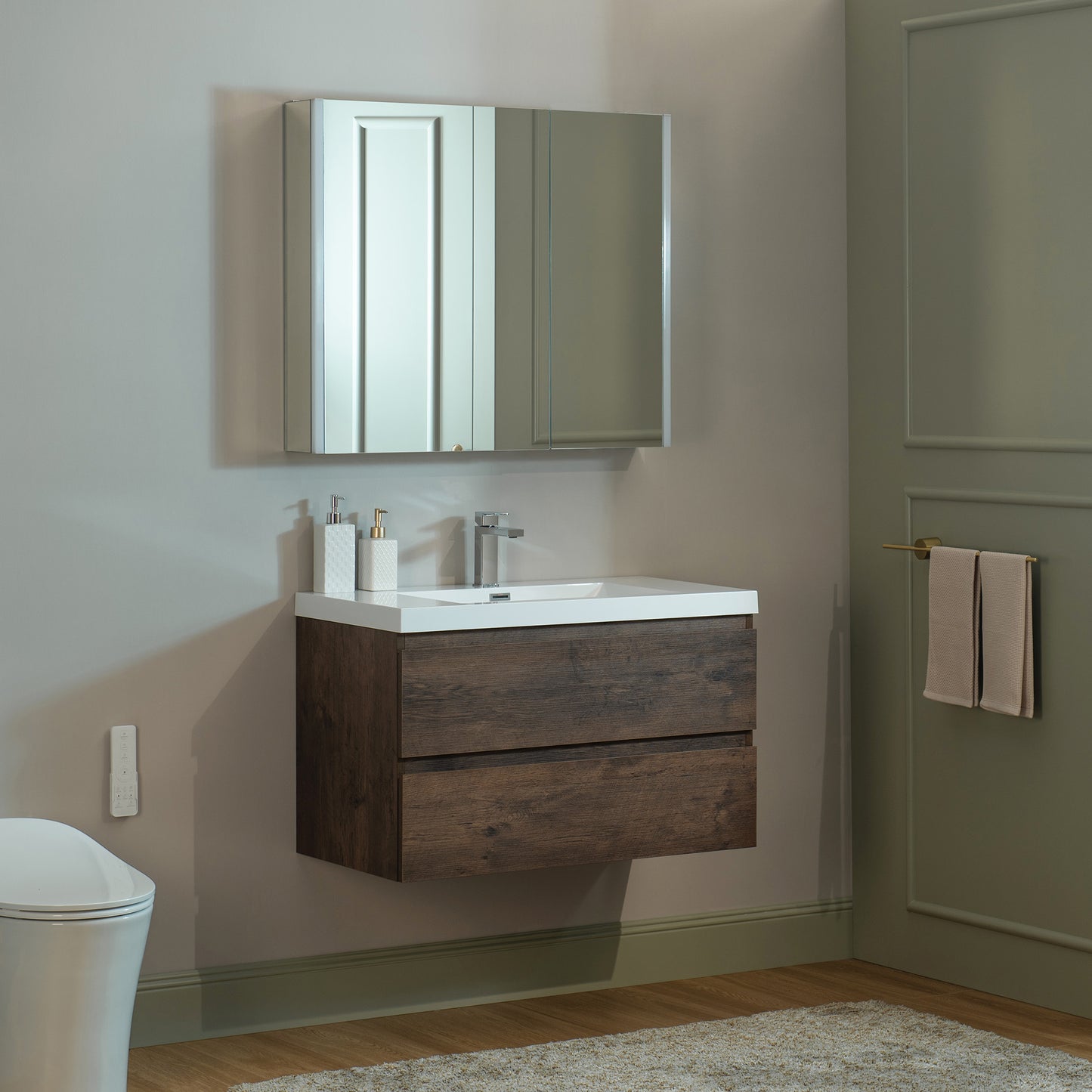 WOODBRIDGE | Wall-Mounted Floating Bathroom Vanity | with Glossy White Resin Top & Rose Wood Cabinet
