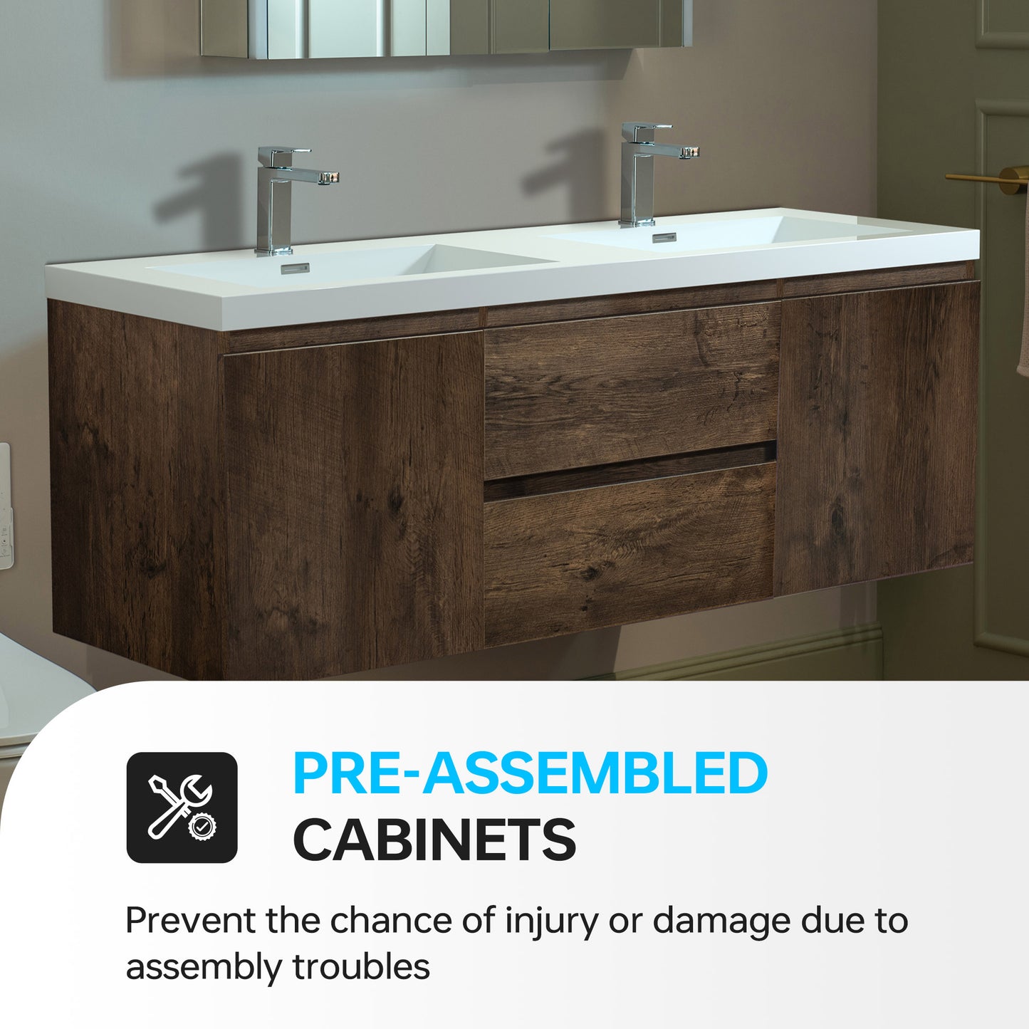 WOODBRIDGE | Wall-Mounted Floating Bathroom Vanity | with Glossy White Resin Top & Rose Wood Cabinet