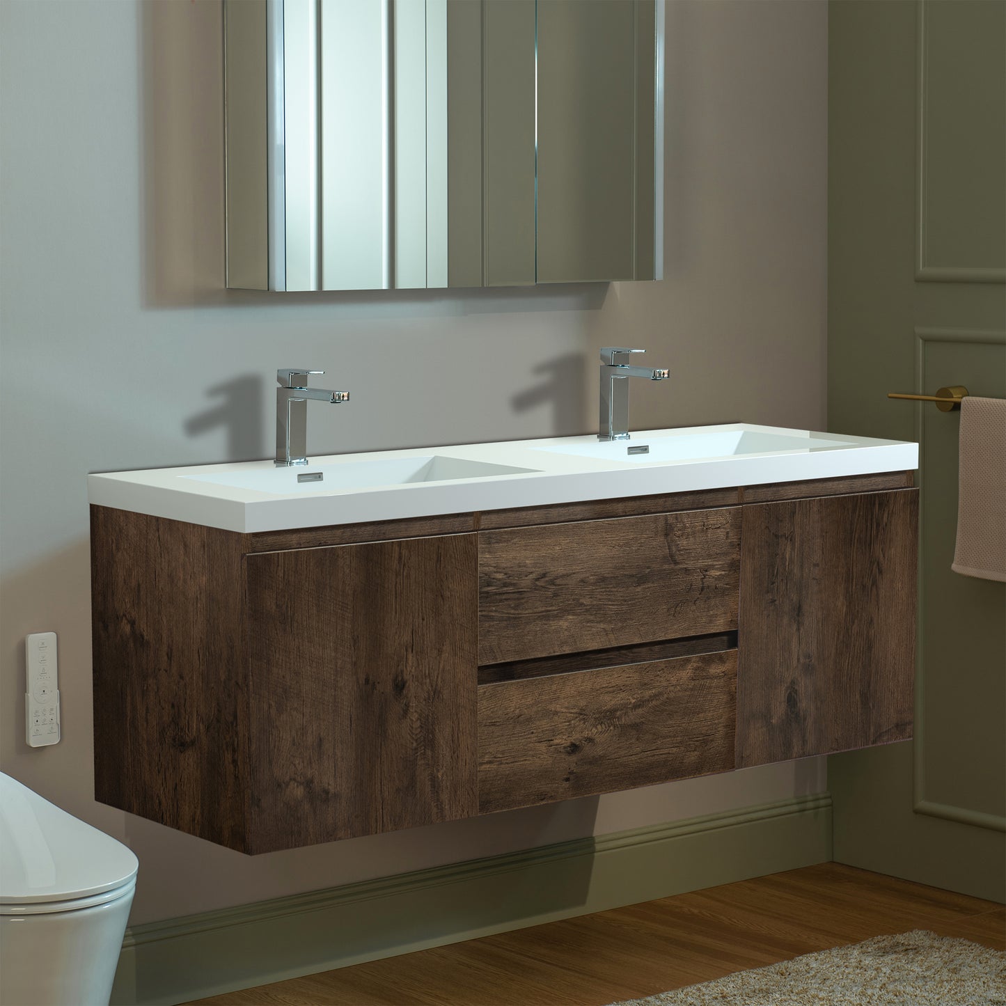 WOODBRIDGE | Wall-Mounted Floating Bathroom Vanity | with Glossy White Resin Top & Rose Wood Cabinet