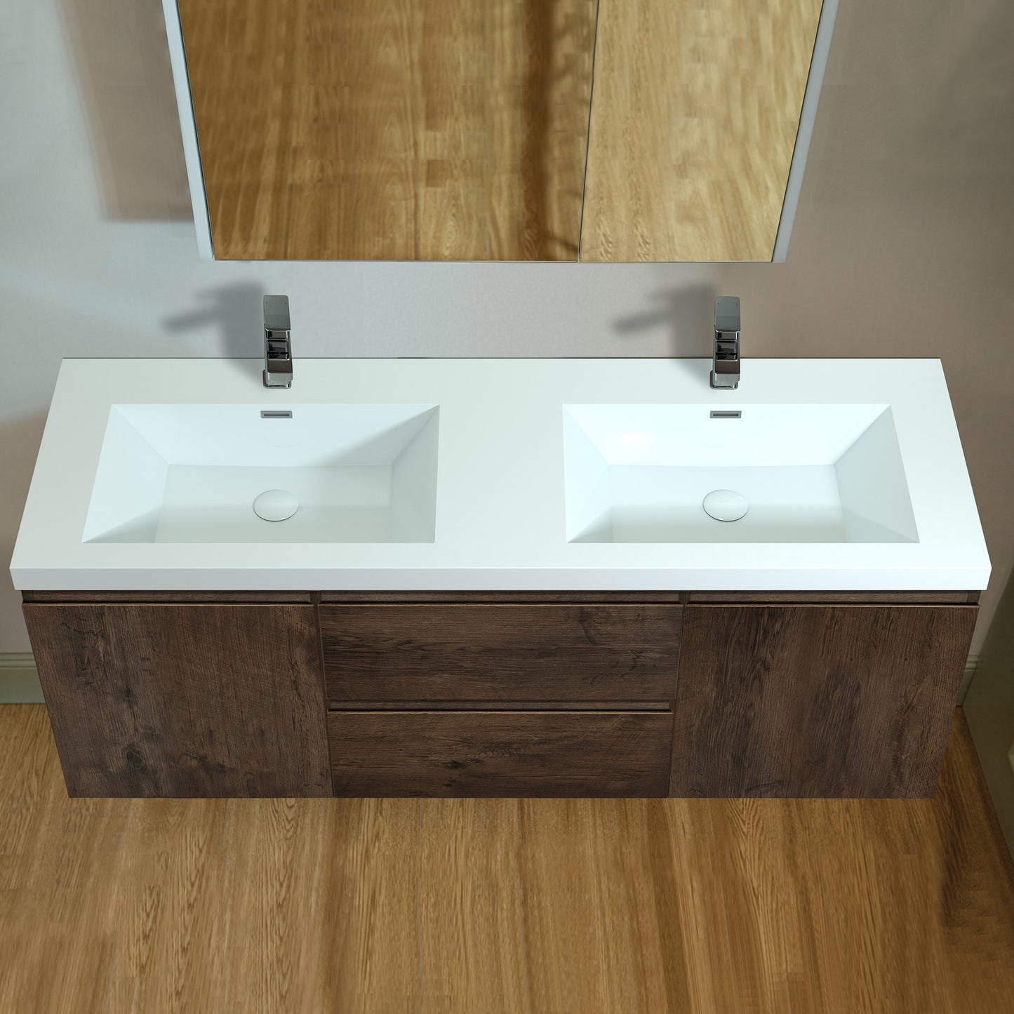 WOODBRIDGE | Wall-Mounted Floating Bathroom Vanity | with Glossy White Resin Top & Rose Wood Cabinet