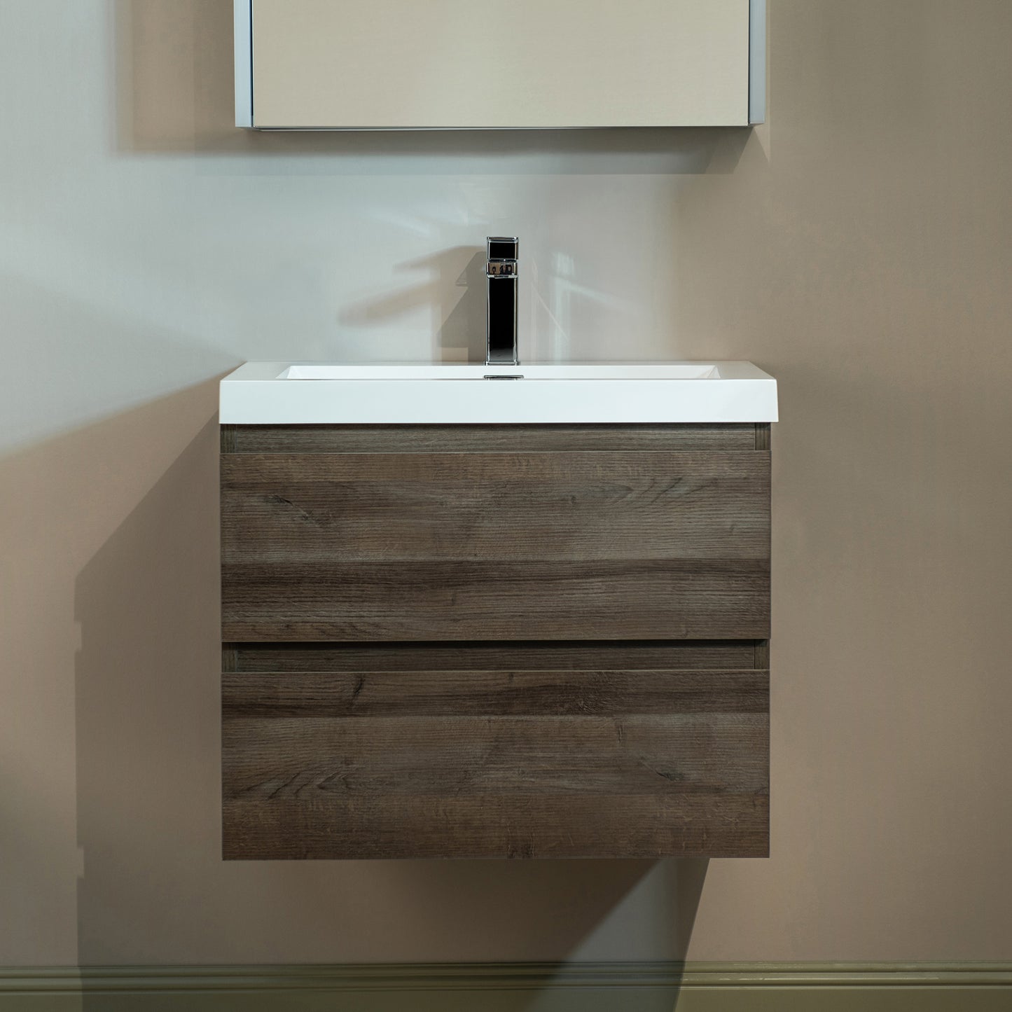 WOODBRIDGE | Wall-Mounted Floating Bathroom Vanity | Glossy White Resin Top | Gray Oak Cabinet