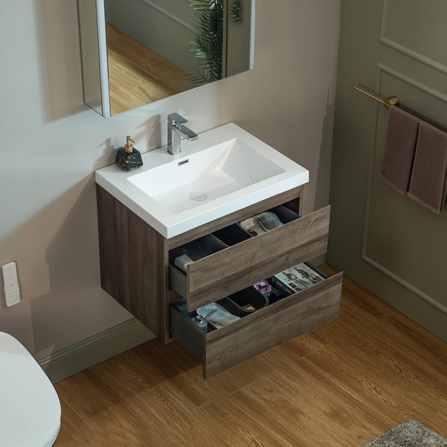 WOODBRIDGE | Wall-Mounted Floating Bathroom Vanity | Glossy White Resin Top | Gray Oak Cabinet