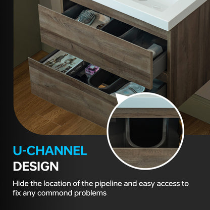 WOODBRIDGE | Wall-Mounted Floating Bathroom Vanity | Glossy White Resin Top | Gray Oak Cabinet