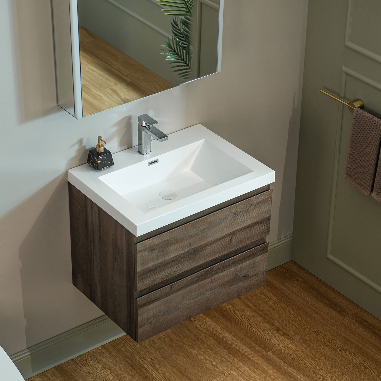WOODBRIDGE | Wall-Mounted Floating Bathroom Vanity | Glossy White Resin Top | Gray Oak Cabinet