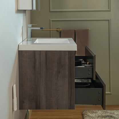 WOODBRIDGE | Wall-Mounted Floating Bathroom Vanity | Glossy White Resin Top | Gray Oak Cabinet