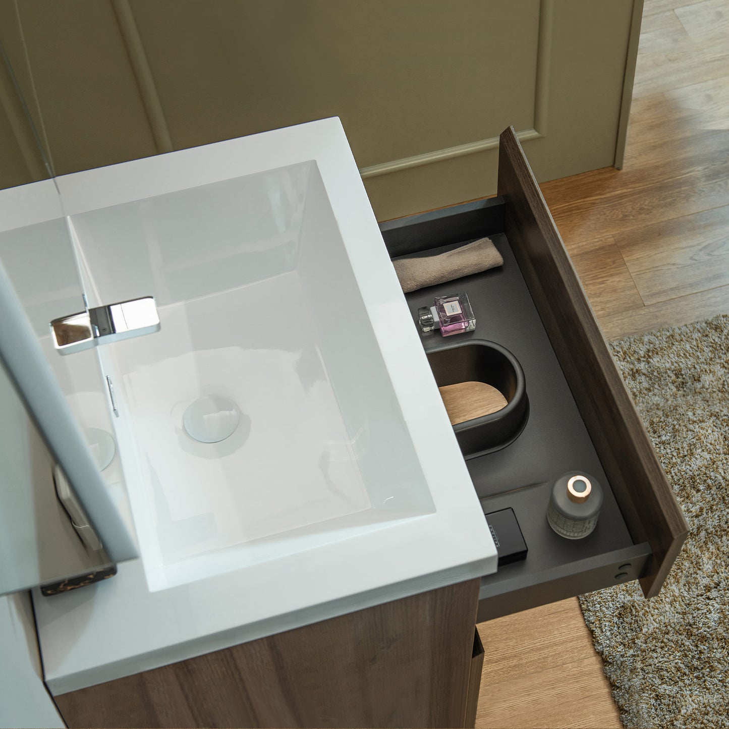 WOODBRIDGE | Wall-Mounted Floating Bathroom Vanity | Glossy White Resin Top | Gray Oak Cabinet
