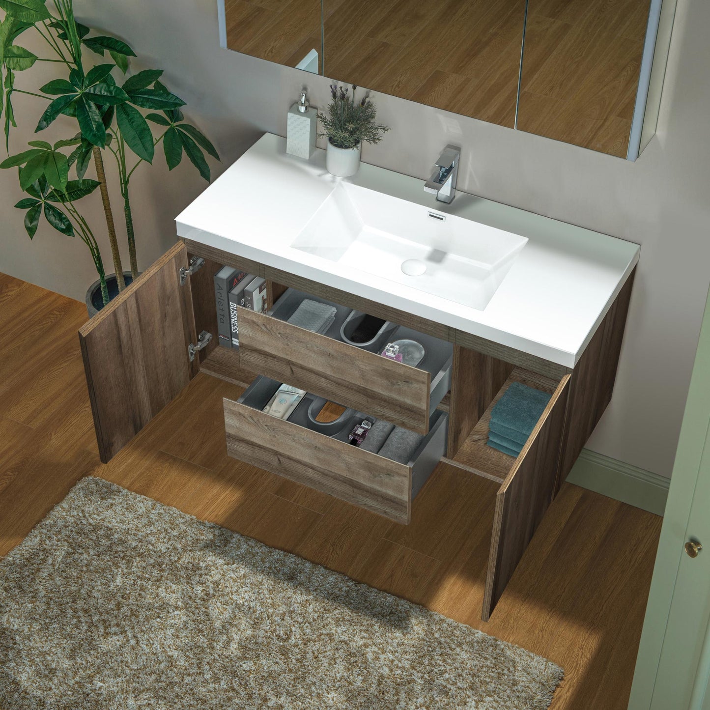 WOODBRIDGE | Wall-Mounted Floating Bathroom Vanity | Glossy White Resin Top | Gray Oak Cabinet