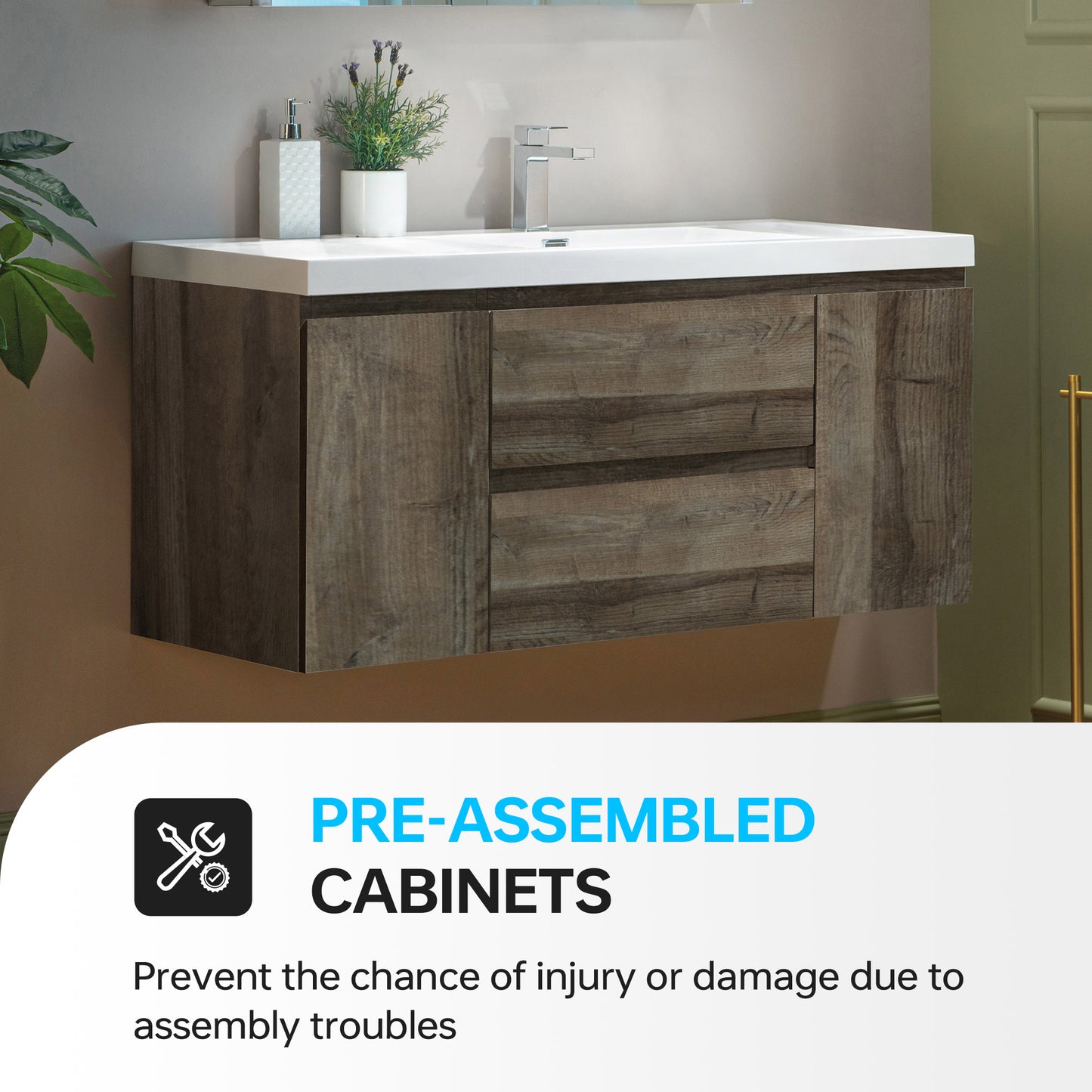 WOODBRIDGE | Wall-Mounted Floating Bathroom Vanity | Glossy White Resin Top | Gray Oak Cabinet