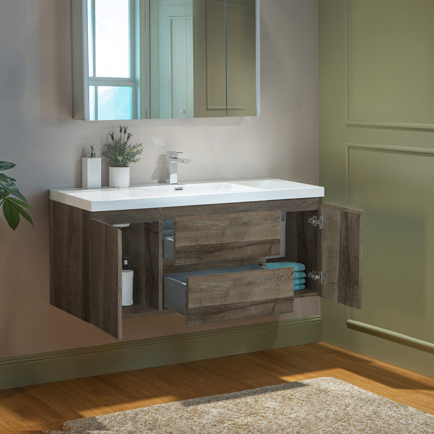 WOODBRIDGE | Wall-Mounted Floating Bathroom Vanity | Glossy White Resin Top | Gray Oak Cabinet