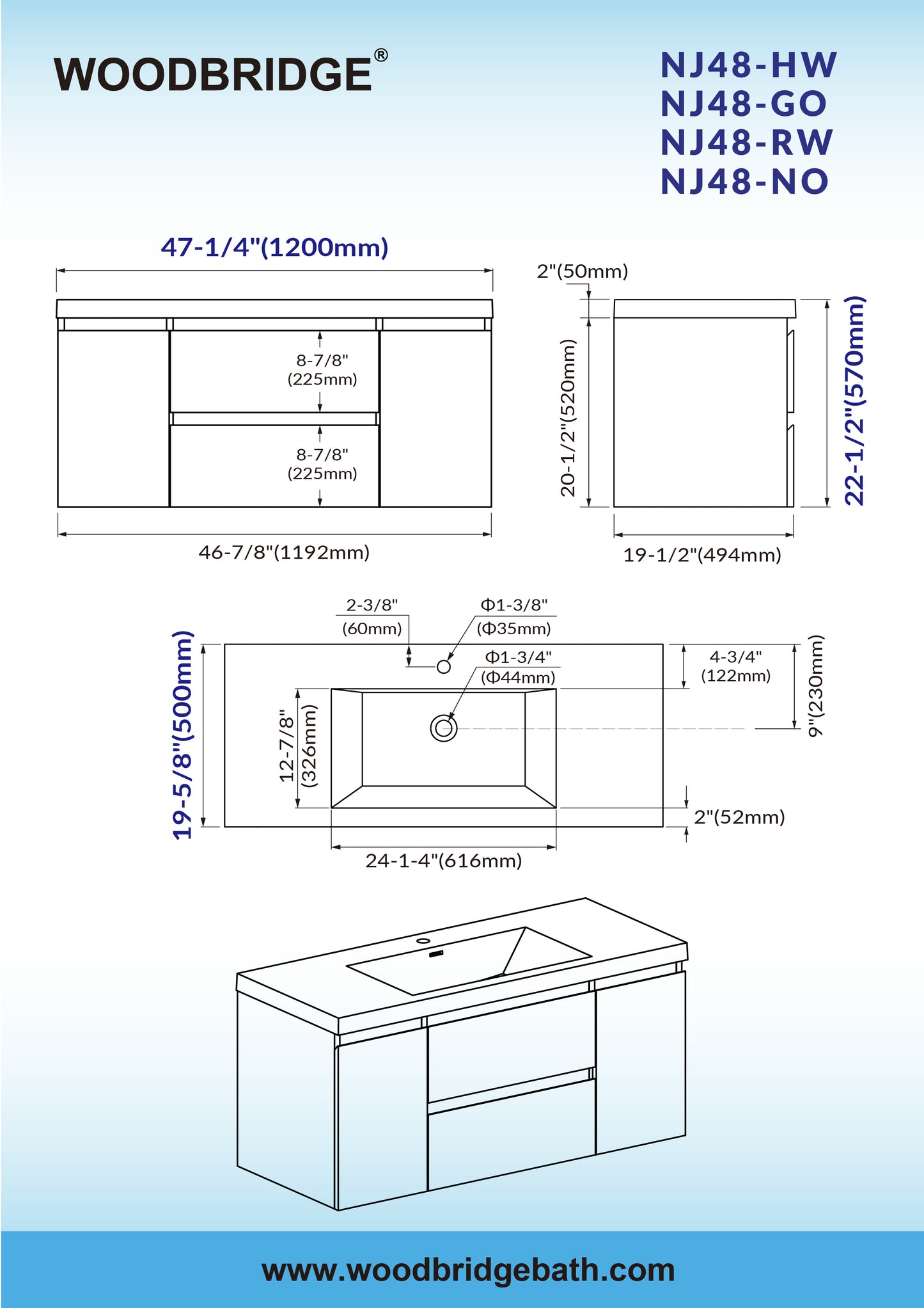 WOODBRIDGE | Wall-Mounted Floating Bathroom Vanity | Glossy White Resin Top | Gray Oak Cabinet