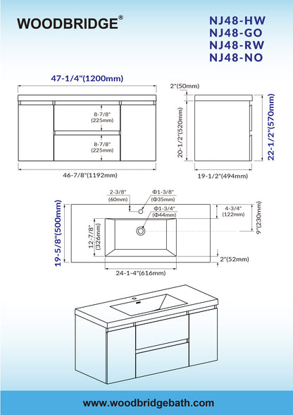 WOODBRIDGE | Wall-Mounted Floating Bathroom Vanity | Glossy White Resin Top | Gray Oak Cabinet