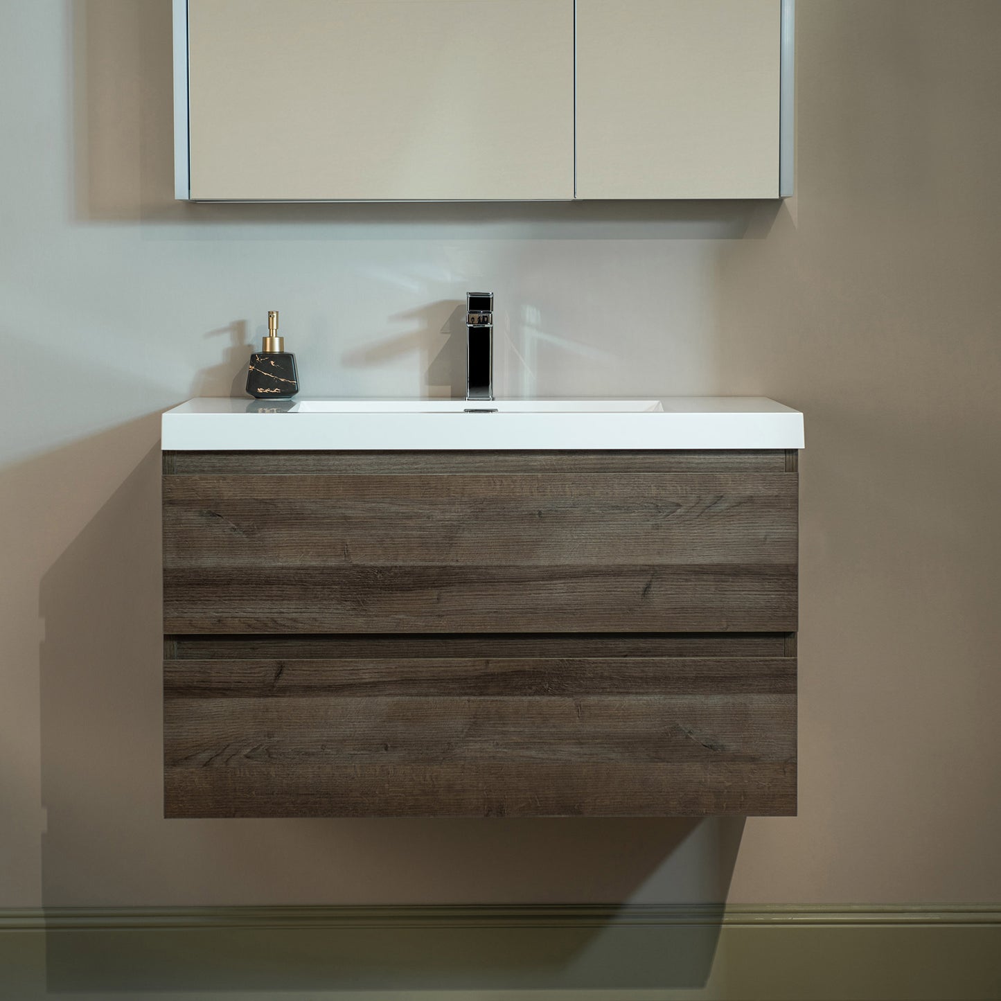 WOODBRIDGE | Wall-Mounted Floating Bathroom Vanity | Glossy White Resin Top | Gray Oak Cabinet