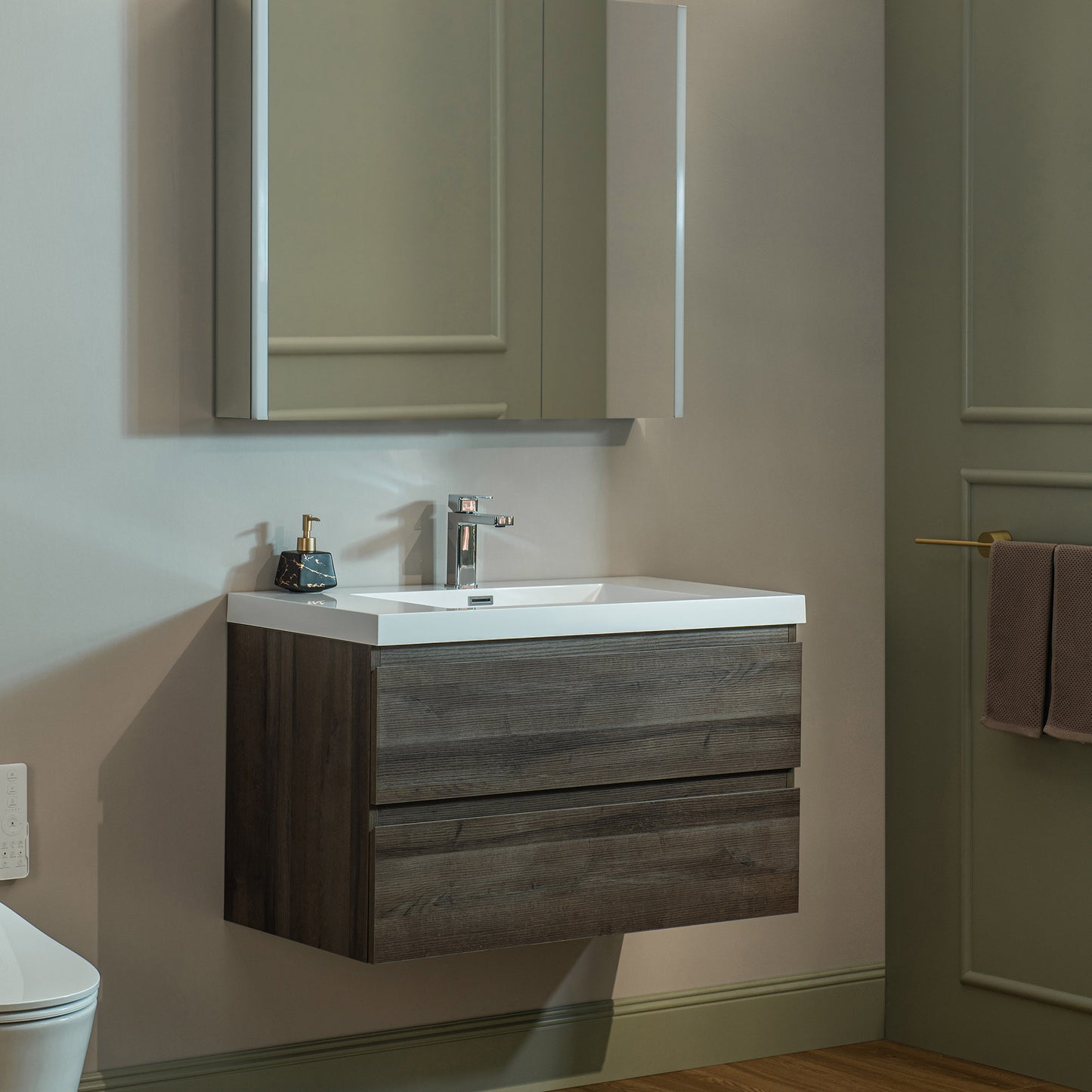 WOODBRIDGE | Wall-Mounted Floating Bathroom Vanity | Glossy White Resin Top | Gray Oak Cabinet