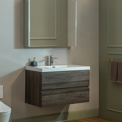 WOODBRIDGE | Wall-Mounted Floating Bathroom Vanity | Glossy White Resin Top | Gray Oak Cabinet