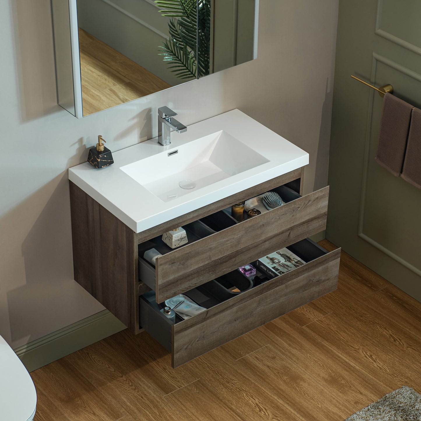 WOODBRIDGE | Wall-Mounted Floating Bathroom Vanity | Glossy White Resin Top | Gray Oak Cabinet