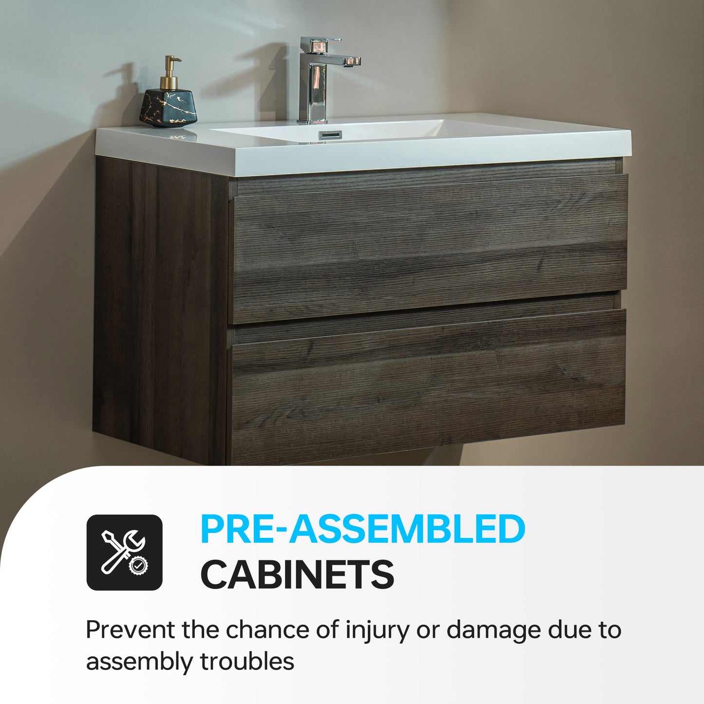 WOODBRIDGE | Wall-Mounted Floating Bathroom Vanity | Glossy White Resin Top | Gray Oak Cabinet