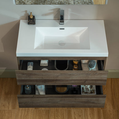 WOODBRIDGE | Wall-Mounted Floating Bathroom Vanity | Glossy White Resin Top | Gray Oak Cabinet